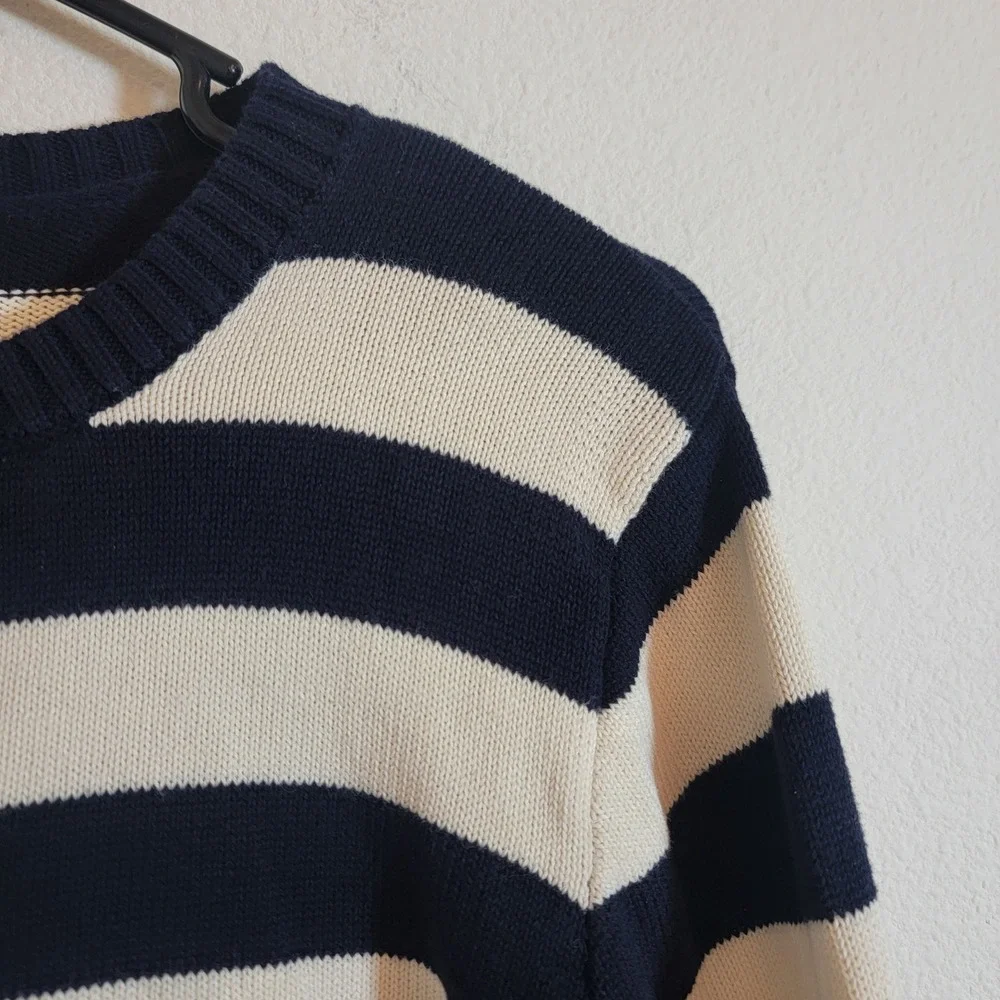 John Galt Stripe Amalie Button Front Cardigan Cotton Nautical Navy Blue Cream OS